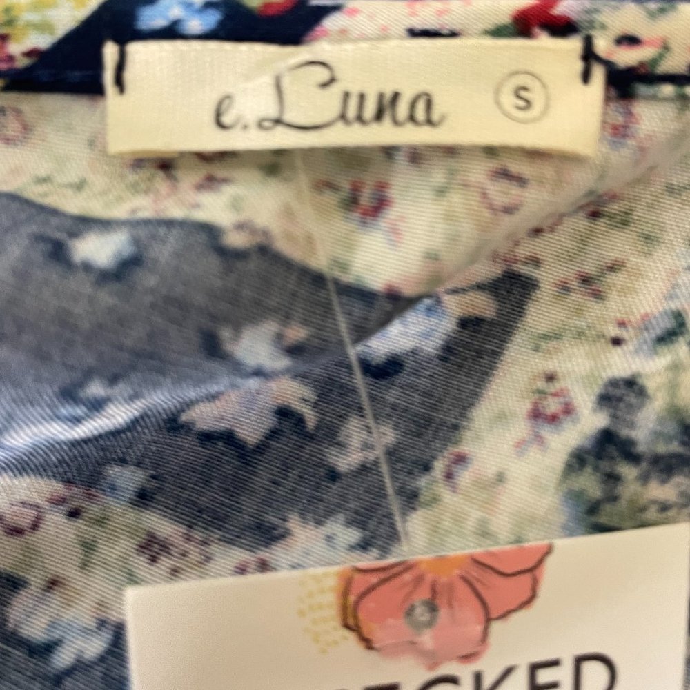 NWT E.Luna Blue Floral Patchwork Babydoll Top - Picture 7 of 9